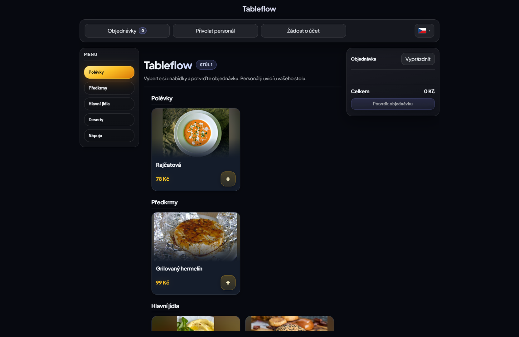 Přehled digitálního menu Tableflow s kategoriemi a položkami